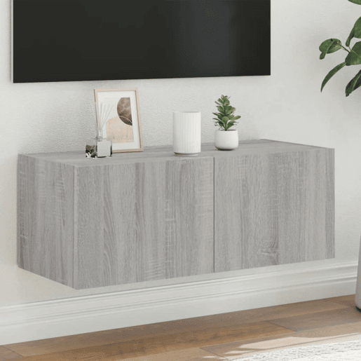 Móvel de parede p TV - Armário de TV c luzes LED 80x35x31 cm cinzento sonoma