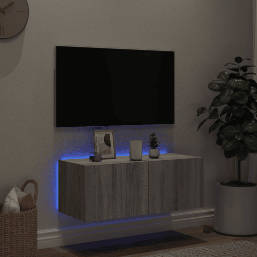 Móvel de parede p TV - Armário de TV c luzes LED 80x35x31 cm cinzento sonoma