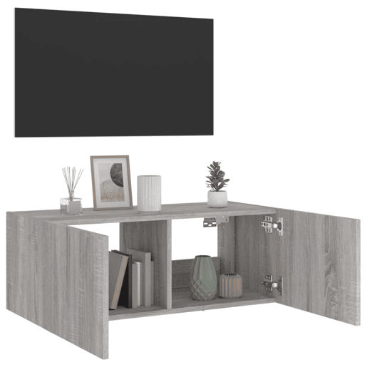 Móvel de parede p TV - Armário de TV c luzes LED 80x35x31 cm cinzento sonoma