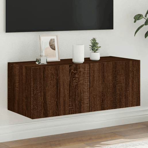 Móvel parede p TV - Armário TV c luzes LED 80x35x31 cm carvalho castanho