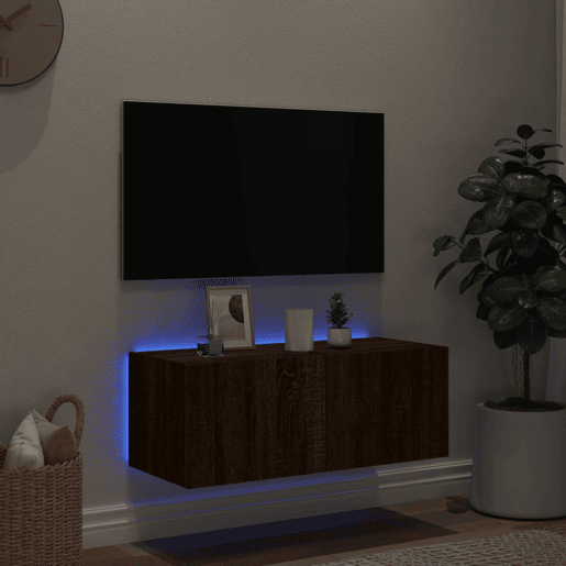 Móvel parede p TV - Armário TV c luzes LED 80x35x31 cm carvalho castanho