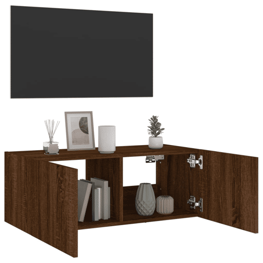 Móvel parede p TV - Armário TV c luzes LED 80x35x31 cm carvalho castanho