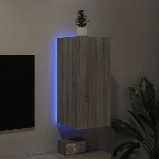 Móvel de parede p TV - Armário de TV c luzes LED 30,5x35x70cm cinzento sonoma