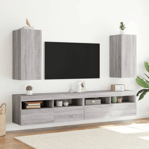Móvel de parede p TV - Armário de TV c luzes LED 30,5x35x70cm cinzento sonoma