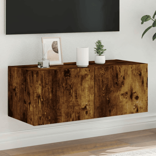 Móvel de parede p TV - Armário de TV c luzes LED 80x35x31 cm carvalho fumado