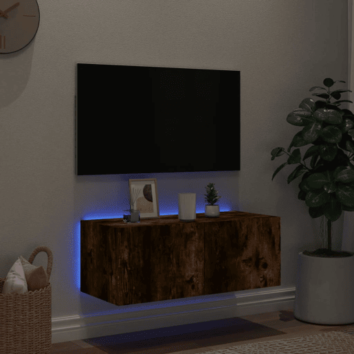 Móvel de parede p TV - Armário de TV c luzes LED 80x35x31 cm carvalho fumado