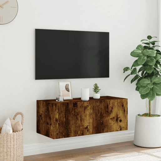 Móvel de parede p TV - Armário de TV c luzes LED 80x35x31 cm carvalho fumado