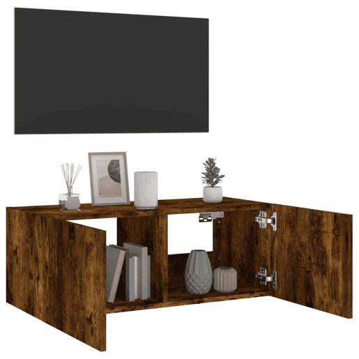 Móvel de parede p TV - Armário de TV c luzes LED 80x35x31 cm carvalho fumado