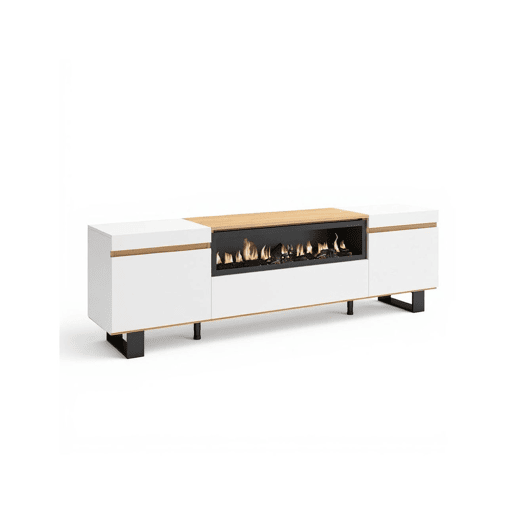 Mueble TV Kavos Up con chimenea Blanco - Roble Nude 203 x 57 x 34,6 cm
