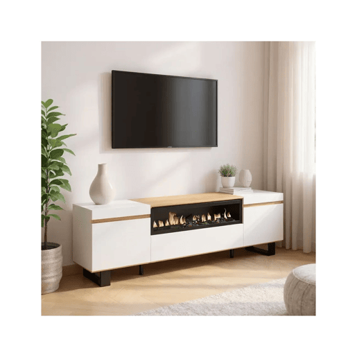 Mueble TV Kavos Up con chimenea Blanco - Roble Nude 203 x 57 x 34,6 cm