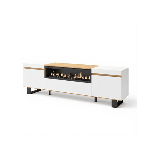 Mueble TV Kavos Up con chimenea Blanco - Roble Nude 203 x 57 x 34,6 cm