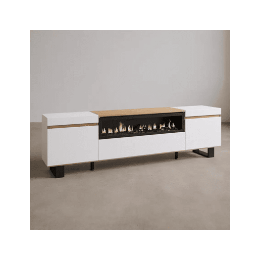 Mueble TV Kavos Up con chimenea Blanco - Roble Nude 203 x 57 x 34,6 cm