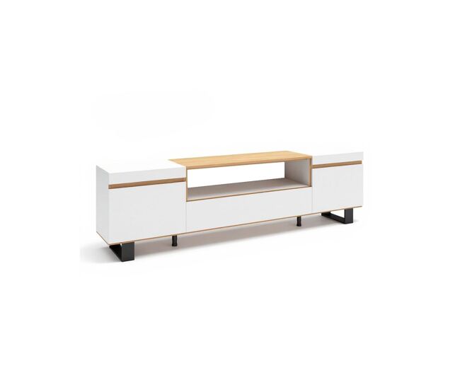 Mueble TV con patas y almacenamiento en blanco y roble arena 203 cm Kavos Up Blanco - Roble Arena 203 x 57 x 34,6 cm
