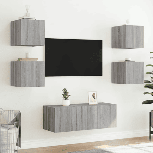 Móvel de parede p TV - Armário de TV c luzes LED 30,5x35x30cm cinzento sonoma