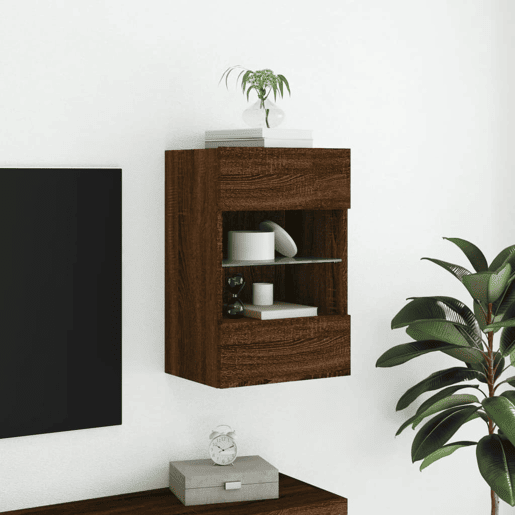 Móvel parede p TV - Armário TV c luzes LED 40x30x60,5cm carvalho castanho