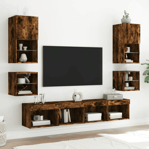 Móvel de parede p TV - Armário de TV c luzes LED 30x28,5x30cm carvalho fumado