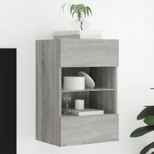 Móvel de parede p TV - Armário de TV c luzes LED 40x30x60,5cm cinzento sonoma