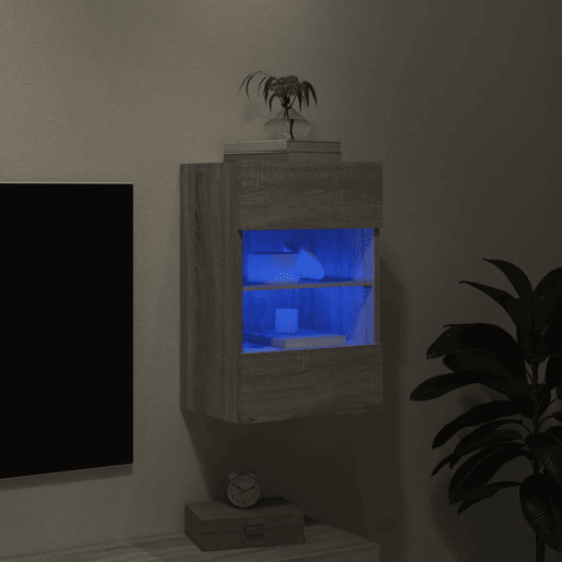 Móvel de parede p TV - Armário de TV c luzes LED 40x30x60,5cm cinzento sonoma