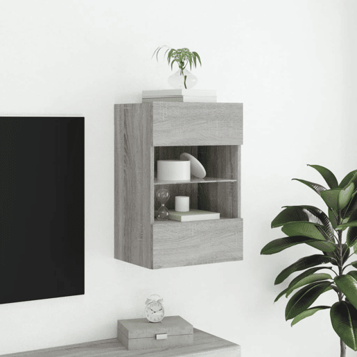 Móvel de parede p TV - Armário de TV c luzes LED 40x30x60,5cm cinzento sonoma