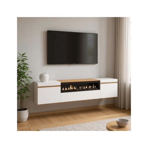 Mueble TV Kavos Wall con chimenea Blanco - Roble Nude 203 x 45 x 34,6 cm