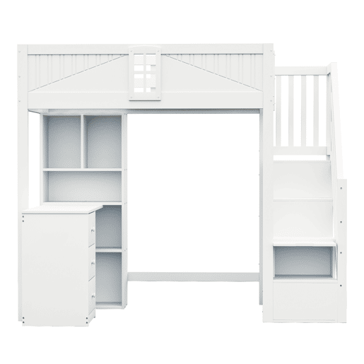 Cama alta em madeira maciça 90 x 200 cm - grade de segurança com janela, armários, secretária, gavetas e escada lateral intercambiável - branco