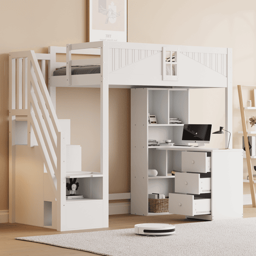 Cama alta em madeira maciça 90 x 200 cm - grade de segurança com janela, armários, secretária, gavetas e escada lateral intercambiável - branco