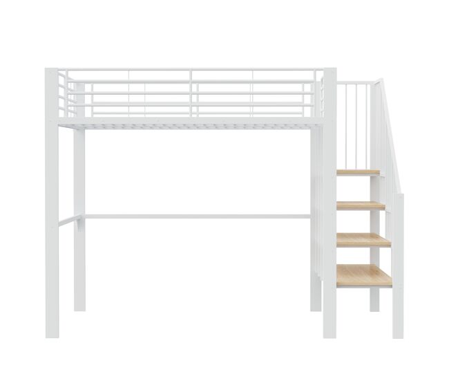 Cama alta metal 140 x 200 cm - estructura estable con amplio almacenamiento bajo la cama y escalera, ideal para niños y adultos - blanco