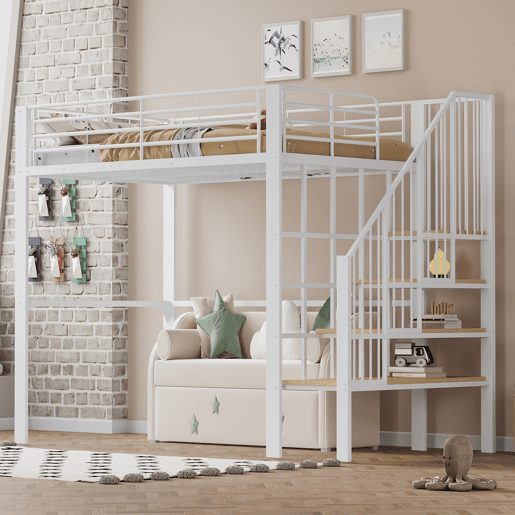 Cama alta de metal 140 x 200 cm - estrutura estável com amplo espaço de arrumação debaixo da cama e escada, ideal para crianças e adultos - branco