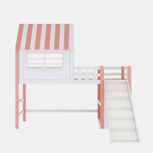Cama alta infantil 90x200 cm - design ático, escada e rampa de segurança, prateleiras multifuncionais - rosa