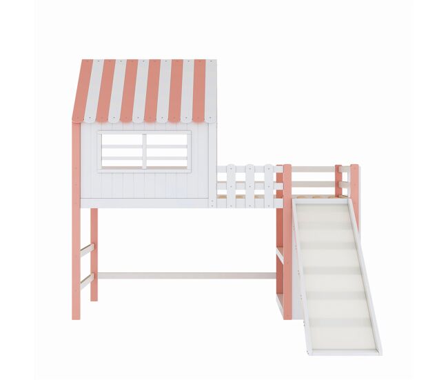 Cama alta infantil 90x200 cm - diseño ático, escalera y rampa de seguridad, estantes multifuncionales - rosa