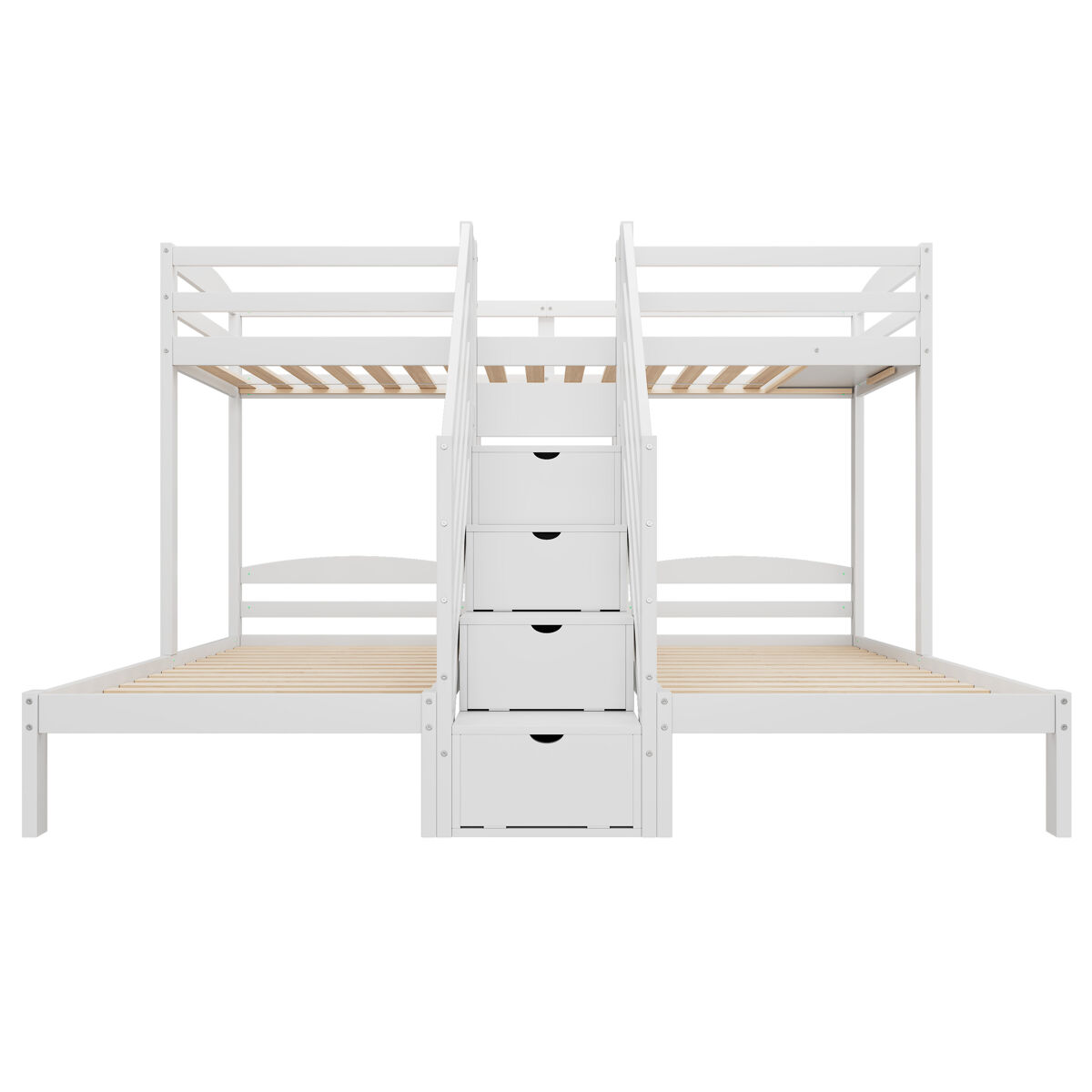 Cama alta 90x200cm - 3 camas, madera de pino, escalera con cajones, barandilla, certificado en 747 - blanco