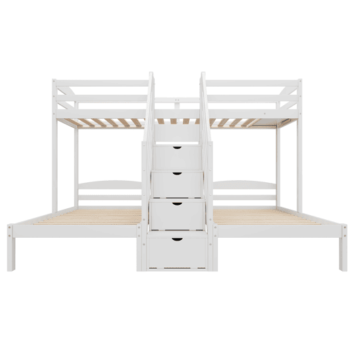 Cama alta 90x200cm - 3 camas, madeira de pinho, escada com gavetas, corrimão, certificado EN 747 - branco