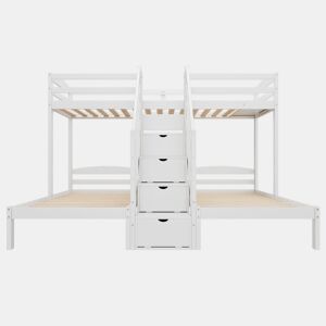 Cama alta 90x200cm - 3 camas, madeira de pinho, escada com gavetas, corrimão, certificado EN 747 - branco