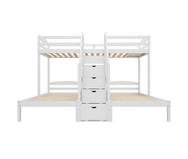Cama alta 90x200cm - 3 camas, madera de pino, escalera con cajones, barandilla, certificado en 747 - blanco
