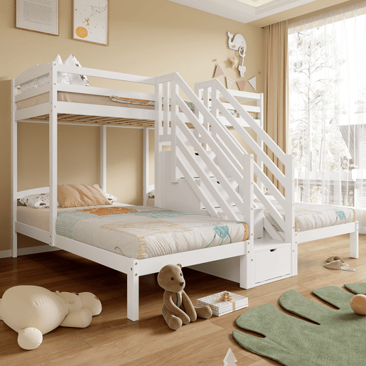 Cama alta 90x200cm - 3 camas, madeira de pinho, escada com gavetas, corrimão, certificado EN 747 - branco