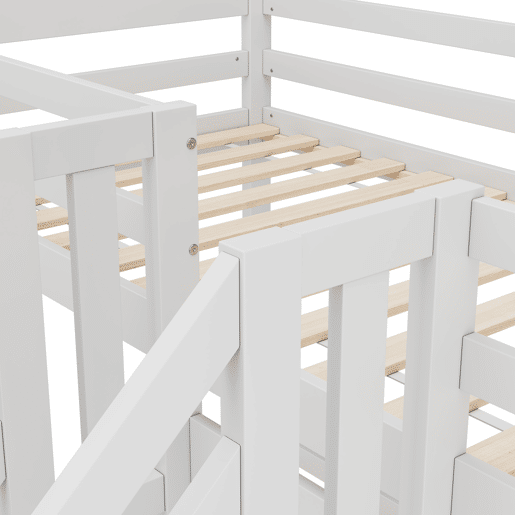 Cama alta 90x200cm - 3 camas, madeira de pinho, escada com gavetas, corrimão, certificado EN 747 - branco