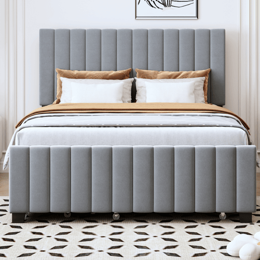 Cama estofada 140x190 cm com cama extraível e 2 gavetas - cama baixa dupla em veludo hipoalergénico para crianças e jovens - cinzenta (sem colchão)