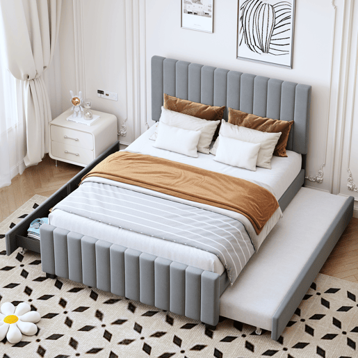Cama estofada 140x190 cm com cama extraível e 2 gavetas - cama baixa dupla em veludo hipoalergénico para crianças e jovens - cinzenta (sem colchão)