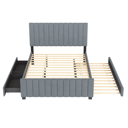 Cama estofada 140x190 cm com cama extraível e 2 gavetas - cama baixa dupla em veludo hipoalergénico para crianças e jovens - cinzenta (sem colchão)