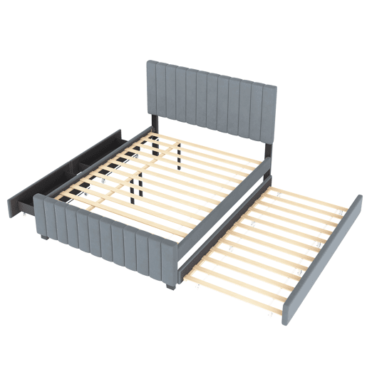 Cama estofada 140x190 cm com cama extraível e 2 gavetas - cama baixa dupla em veludo hipoalergénico para crianças e jovens - cinzenta (sem colchão)