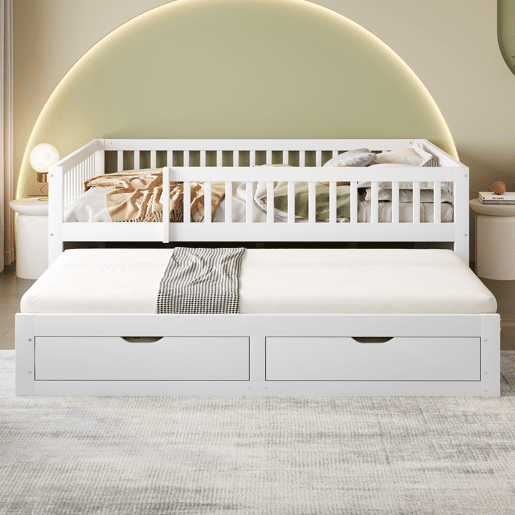 Sofá-cama em madeira maciça 140 x 200 cm - grade de segurança completa, cama extensível com 2 gavetas e estrado - branco