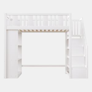 Cama alta 90x200 cm - Cama infantil com escada de arrumação, cama multifuncional com grandes compartimentos, cama juvenil em madeira - Branco