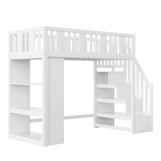 Cama alta 90x200 cm - Cama infantil com escada de arrumação, cama multifuncional com grandes compartimentos, cama juvenil em madeira - Branco