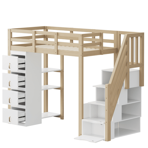 Cama alta 90 x 200 cm - madeira maciça multifuncional com gavetas, prateleiras múltiplas e escada segura com arrumação - natural