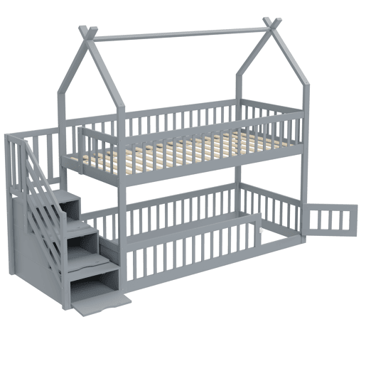 Cama beliche infantil 90x200 - madeira maciça com teto, escada de segurança e gavetas de arrumação - cinza