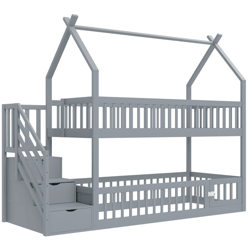 Cama beliche infantil 90x200 - madeira maciça com teto, escada de segurança e gavetas de arrumação - cinza
