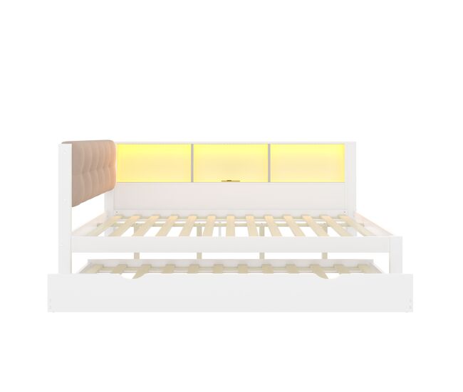 Cama nido 140x200 cm - individual, sin colchón, cama extraíble, led regulable, estante, puerto usb, madera de pino - blanco