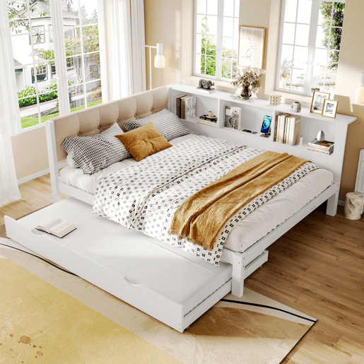 Cama nido 140x200 cm - individual, sem colchão, cama extraível, LED regulável, prateleira, porta USB, madeira de pinho - branco