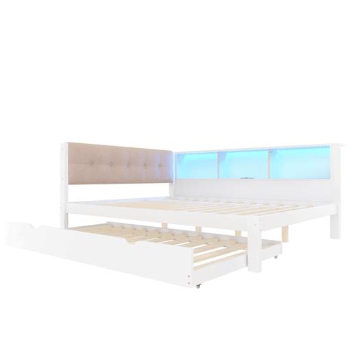 Cama nido 140x200 cm - individual, sem colchão, cama extraível, LED regulável, prateleira, porta USB, madeira de pinho - branco