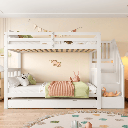 Litera 90x200 cm - com estante em escada, cama extraível, grades altas, certificação EN747-1 - branco